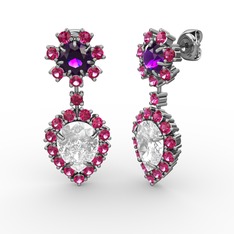 Swarovski, rodolit garnet ve ametist 18 ayar beyaz altın küpe
