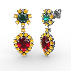 Garnet, sitrin ve yeşil kuvars 8 ayar beyaz altın küpe