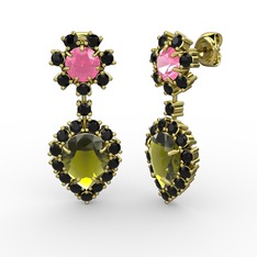 Peridot, siyah zirkon ve pembe kuvars 8 ayar altın küpe