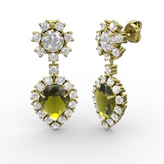 Peridot, beyaz zirkon ve swarovski 18 ayar altın küpe