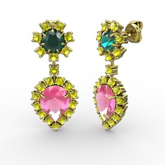 Seranta Damla Küpe - Pembe kuvars, peridot ve yeşil kuvars 18 ayar altın küpe #1asb7ak