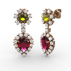 Rodolit garnet, beyaz zirkon ve peridot 14 ayar rose altın küpe
