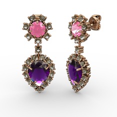 Ametist, dumanlı kuvars ve pembe kuvars 8 ayar rose altın küpe