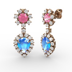 Akuamarin, swarovski ve pembe kuvars 14 ayar rose altın küpe