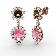 Pembe kuvars, pırlanta ve dumanlı kuvars 8 ayar rose altın küpe (0.792 karat)