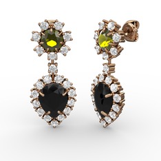 Siyah zirkon, swarovski ve peridot 14 ayar rose altın küpe