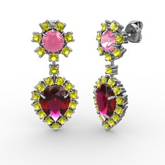 Rodolit garnet, peridot ve pembe kuvars 18 ayar beyaz altın küpe