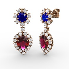 Rodolit garnet, pırlanta ve lab safir 925 ayar rose altın kaplama gümüş küpe (0.792 karat)