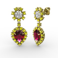 Rodolit garnet, peridot ve swarovski 8 ayar altın küpe