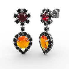 Sitrin, siyah zirkon ve garnet 18 ayar beyaz altın küpe