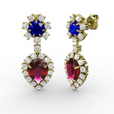 Rodolit garnet, beyaz zirkon ve lab safir 18 ayar altın küpe