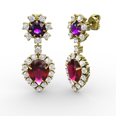 Rodolit garnet, pırlanta ve ametist 8 ayar altın küpe (0.792 karat)