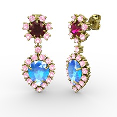 Seranta Damla Küpe - Akuamarin, pembe kuvars ve rodolit garnet 14 ayar altın küpe #1e67t64