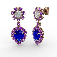 Lab safir, ametist ve swarovski 14 ayar rose altın küpe