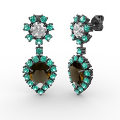 Seranta Damla Küpe - Dumanlı kuvars, yeşil kuvars ve beyaz zirkon 925 ayar siyah rodyum kaplama gümüş küpe #1fu3mje