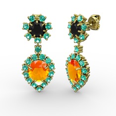 Sitrin, yeşil kuvars ve siyah zirkon 14 ayar altın küpe