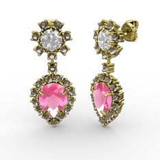 Pembe kuvars, dumanlı kuvars ve swarovski 925 ayar altın kaplama gümüş küpe