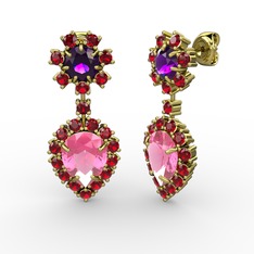 Pembe kuvars, garnet ve ametist 8 ayar altın küpe