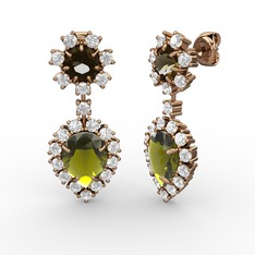Peridot, swarovski ve dumanlı kuvars 14 ayar rose altın küpe