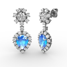 Akuamarin, swarovski ve beyaz zirkon 14 ayar beyaz altın küpe