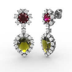 Peridot, beyaz zirkon ve rodolit garnet 925 ayar gümüş küpe