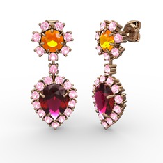 Rodolit garnet, pembe kuvars ve sitrin 18 ayar rose altın küpe