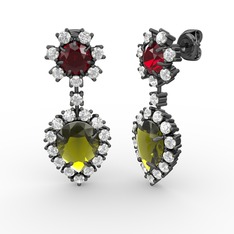 Peridot, swarovski ve garnet 925 ayar siyah rodyum kaplama gümüş küpe