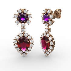 Rodolit garnet, pırlanta ve ametist 925 ayar rose altın kaplama gümüş küpe (0.792 karat)