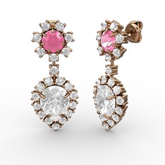 Beyaz zirkon, pırlanta ve pembe kuvars 925 ayar rose altın kaplama gümüş küpe (0.792 karat)