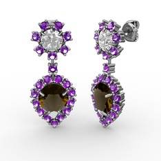 Dumanlı kuvars, ametist ve beyaz zirkon 8 ayar beyaz altın küpe