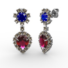 Rodolit garnet, dumanlı kuvars ve lab safir 925 ayar gümüş küpe