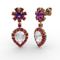 Beyaz zirkon, garnet ve ametist 14 ayar rose altın küpe