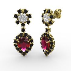 Rodolit garnet, siyah zirkon ve swarovski 14 ayar altın küpe