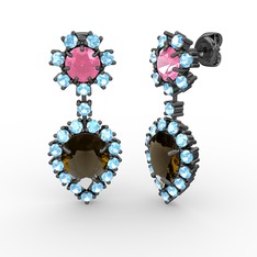 Seranta Damla Küpe - Dumanlı kuvars, akuamarin ve pembe kuvars 925 ayar siyah rodyum kaplama gümüş küpe #1nhd2el