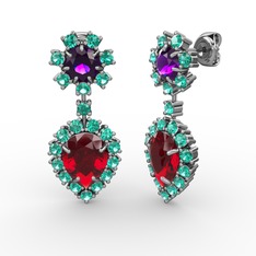 Garnet, yeşil kuvars ve ametist 8 ayar beyaz altın küpe