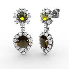 Dumanlı kuvars, beyaz zirkon ve peridot 925 ayar gümüş küpe