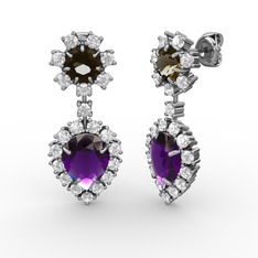 Seranta Damla Küpe - Ametist, beyaz zirkon ve dumanlı kuvars 8 ayar beyaz altın küpe #1oohwrc