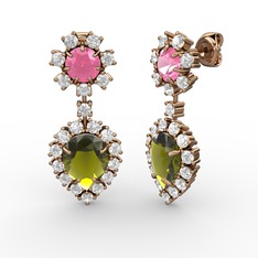 Peridot, swarovski ve pembe kuvars 18 ayar rose altın küpe