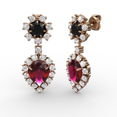 Rodolit garnet, pırlanta ve siyah zirkon 14 ayar rose altın küpe (0.792 karat)