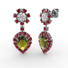 Peridot, garnet ve beyaz zirkon 14 ayar beyaz altın küpe