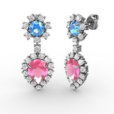 Pembe kuvars, swarovski ve akuamarin 14 ayar beyaz altın küpe