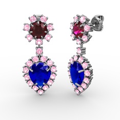 Lab safir, pembe kuvars ve rodolit garnet 14 ayar beyaz altın küpe