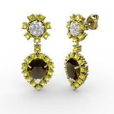 Dumanlı kuvars, peridot ve swarovski 8 ayar altın küpe