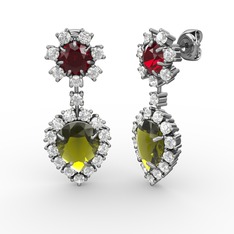 Peridot, beyaz zirkon ve garnet 14 ayar beyaz altın küpe