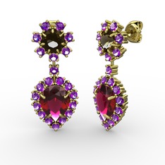 Seranta Damla Küpe - Rodolit garnet, ametist ve dumanlı kuvars 8 ayar altın küpe #1r2oetl