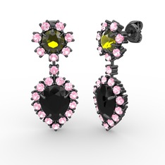 Seranta Damla Küpe - Siyah zirkon, pembe kuvars ve peridot 925 ayar siyah rodyum kaplama gümüş küpe #1sfbk7r