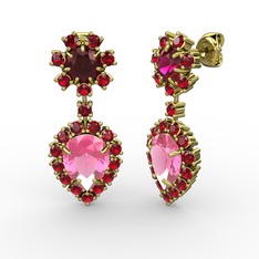 Pembe kuvars, garnet ve rodolit garnet 14 ayar altın küpe