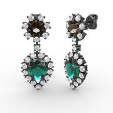 Seranta Damla Küpe - Yeşil kuvars, pırlanta ve dumanlı kuvars 925 ayar siyah rodyum kaplama gümüş küpe (0.792 karat) #1sktvcd