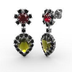 Peridot, siyah zirkon ve garnet 18 ayar beyaz altın küpe