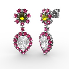 Seranta Damla Küpe - Beyaz zirkon, rodolit garnet ve peridot 8 ayar beyaz altın küpe #1sxlkxr
